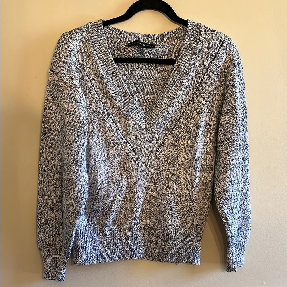 White House Black Market Gray and White V-Neck Sweater